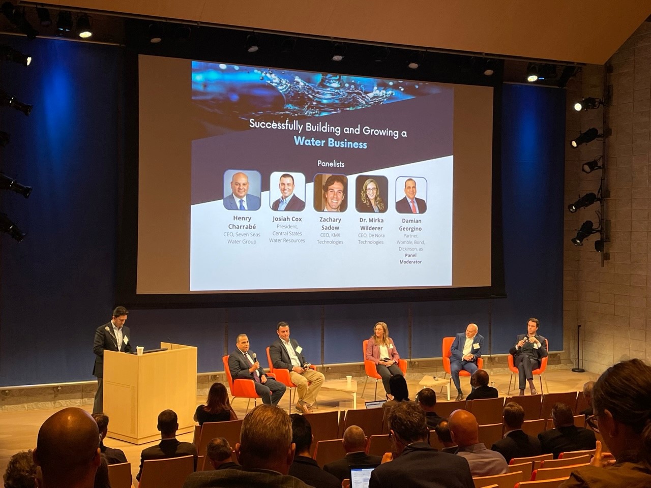 Damian Georgino moderates a panel discussion on “Successfully Building and Growing a Water Infrastructure Business” at the Sciens Capital Rethinking Water Conference.