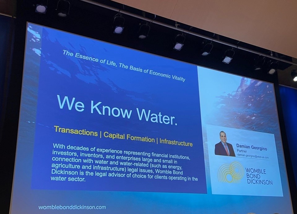 A powerpoint presentation slide with Damian Georgino's title (Partner) and headshot. The title reads, "We Know Water" with a subheadline, "Transactions | Capital Formation | Infrastructure". The rest of the text reads, "With decades of experience representing financial institutions, investors, inventors, and enterprises large and small in connection with water and water-related (such as energy, agriculture and infrastructure) legal issues, Womble Bond Dickinson is the legal advisor of choice for clients operating in the water sector.