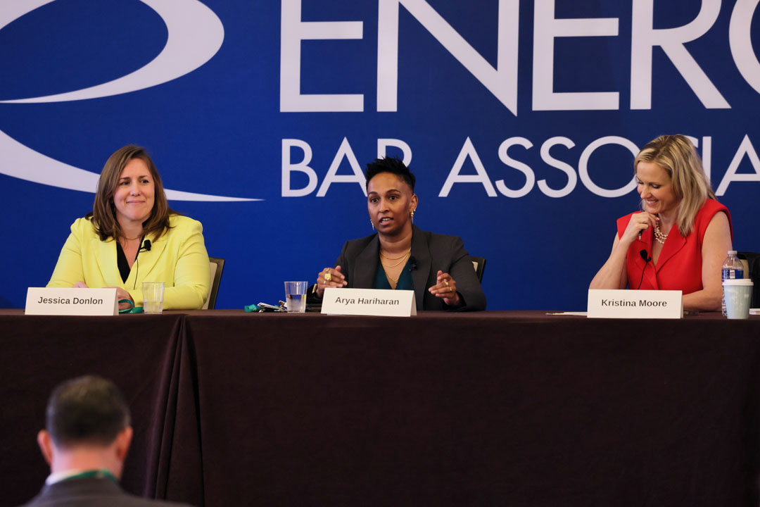 Kristina Moore with panelists Arya Hariharan and Jessica Donlon