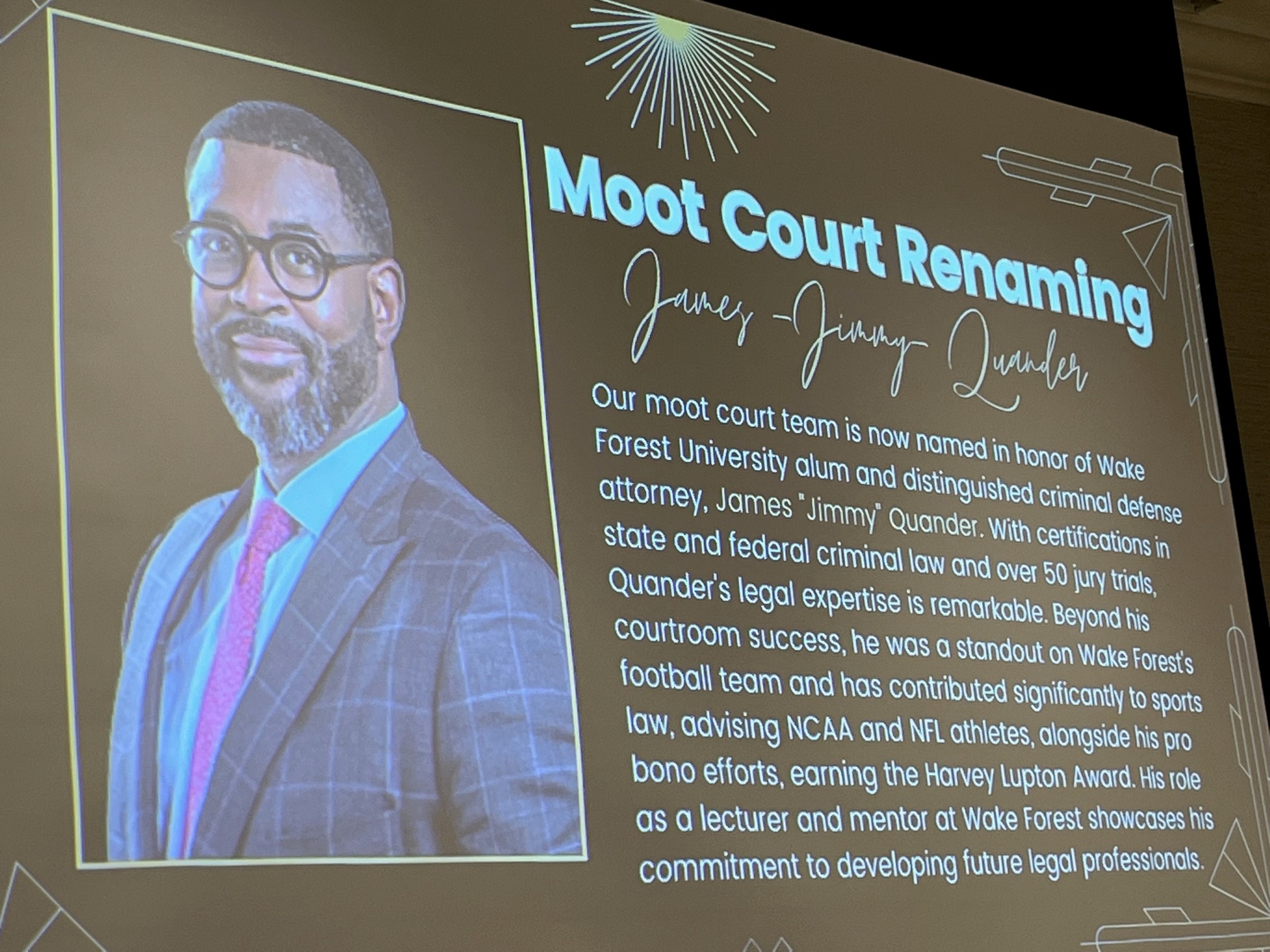 A slide with Jimmy Quander's photo reads Moot Court Renaming: James "Jimmy" Quander