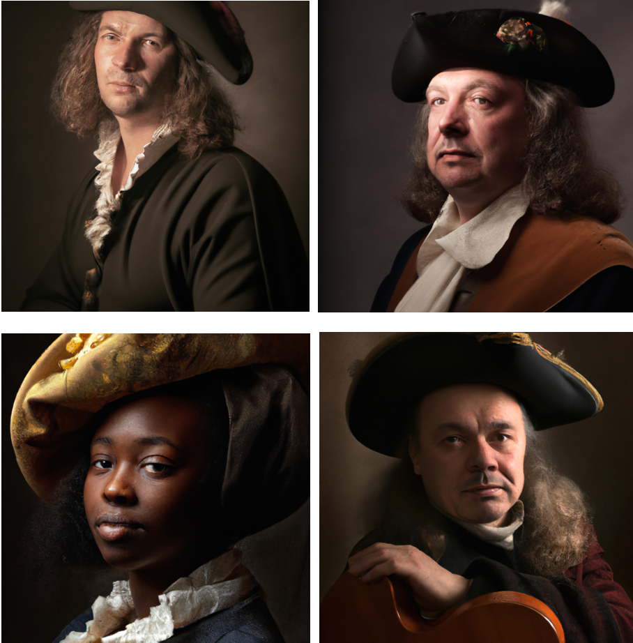 Four portraits generated by AI tool Dall-E from the prompt, "portrait of a musician with a hat in the style of Rembrandt."