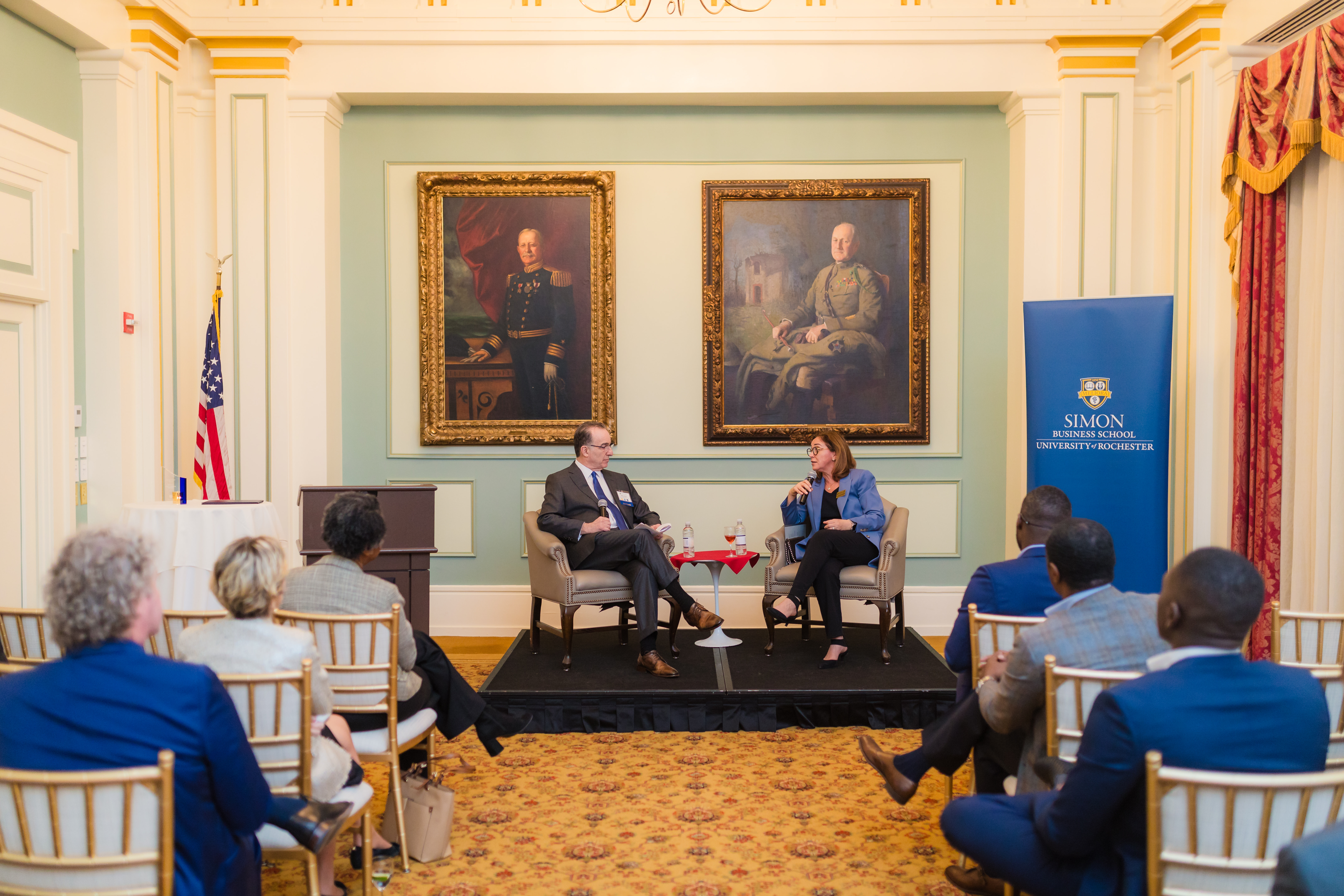 Marty Stern speaks with Sevin Yeltekin during the fireside chat.