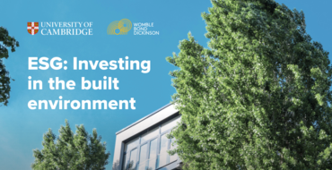 Banner featuring University of Cambridge and Womble Bond Dickinson logos with text 'ESG: Investing in the built environment' beside a lush green tree and modern building façade under a clear sky.