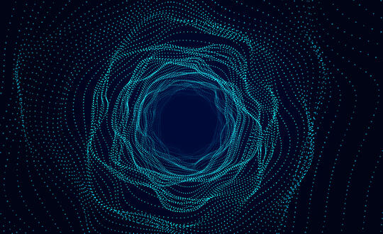 Abstract blue particle swirl on dark background representing data visualisation, quantum computing, and futuristic technology concepts.