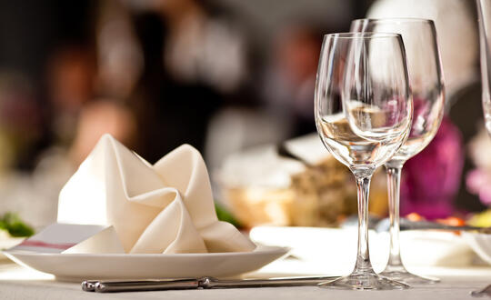Dinner setting with a plate, folded napkin, and two wine glasses