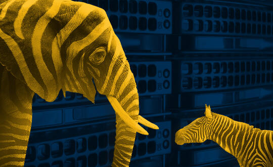An elephant and a zebra look at each other. Both have a yellow tint with stripes against a blue background.