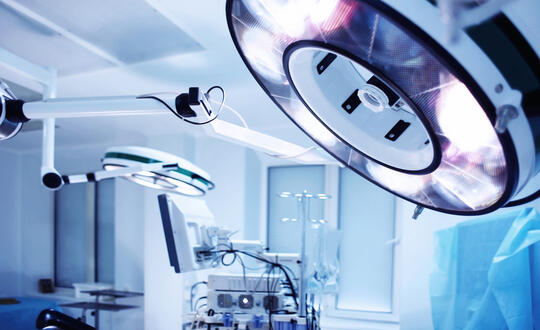 Operation room with lights, surgical instruments and equipment
