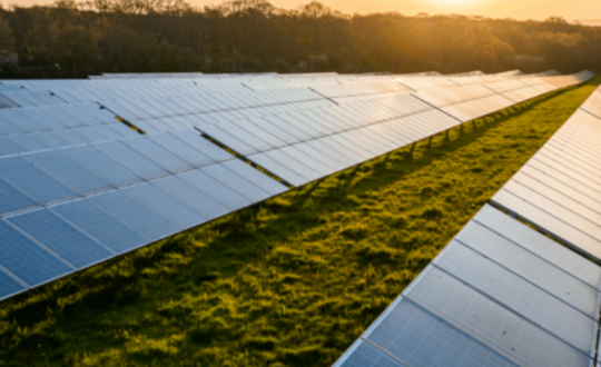 Two lines of solar on green glass with the sunset shining in the background.