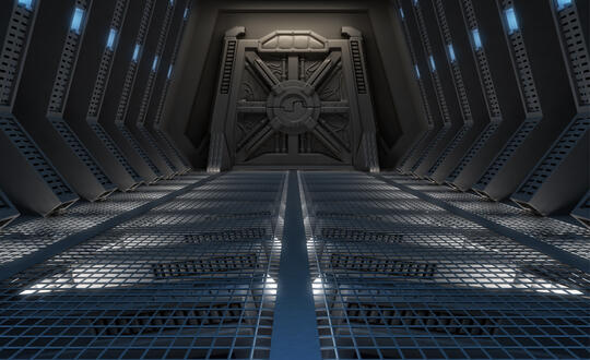 A futuristic hallway with blue lights and a locked door