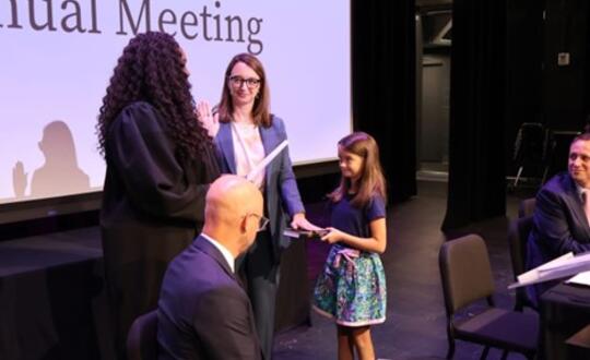 Sarah Motley Stone is sworn in by Judge Aretha V. Blake as President of the Mecklenburg Bar Association.