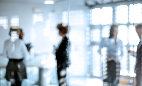 Blurred image of professionals in a modern office setting, highlighting business collaboration and teamwork dynamics with a focus on corporate atmosphere.