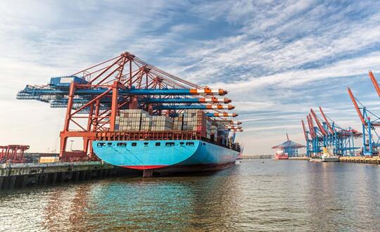 Container ship at port.