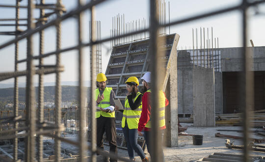 Construction workers in hi-vis jackets, photo taken through scaffolding