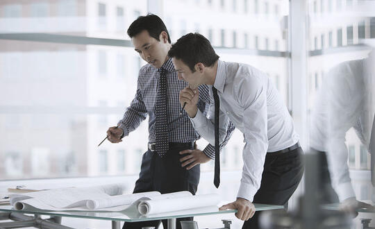 Two professional male colleagues collaboratively working on architectural plans in a modern office environment, pointing and discussing details.