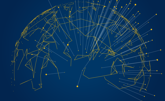 Abstract digital representation of a global network with interconnected lines and dots on a dark blue background, symbolising international connectivity and communication technologies.
