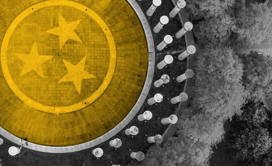 Aerial image of the Court of Three Stars and Carillon in Bicentennial Capitol Mall State Park