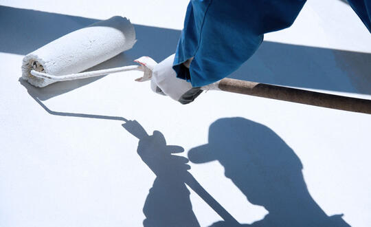 Person in overalls using a roller to paint a surface white, with focus on the painter's shadow and the white paint application.