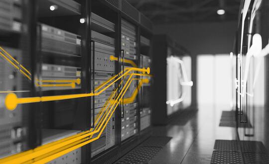 Yellow highlight power running through server room