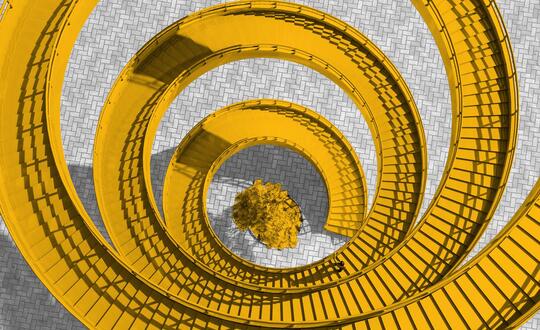 Winding staircase with tree in middle