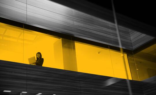 Shot of woman in window on laptop. Window is edited with yellow hue.
