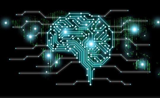 Depiction of artificial intelligence featuring a brain against a black background and green lines